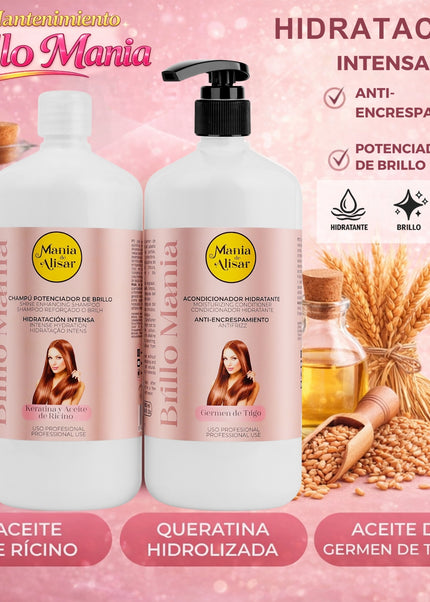 Kit Champú Hidratación Intensa 1000ml + Acondicionador con Aceite de ricino keratina germen de trigo 1000ml.
