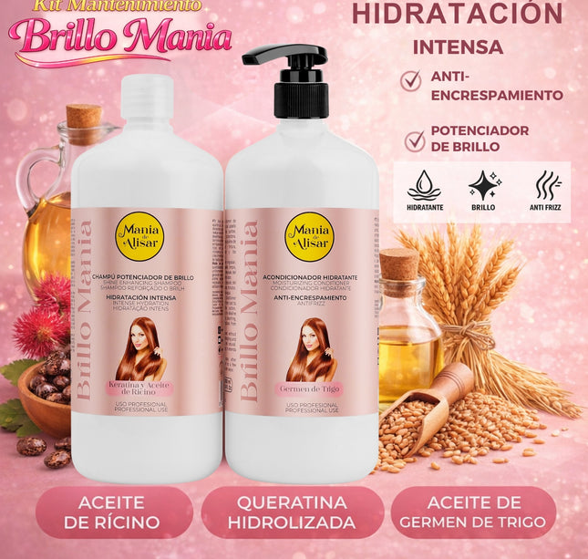 Kit Champú Hidratación Intensa 1000ml + Acondicionador con Aceite de ricino keratina germen de trigo 1000ml.