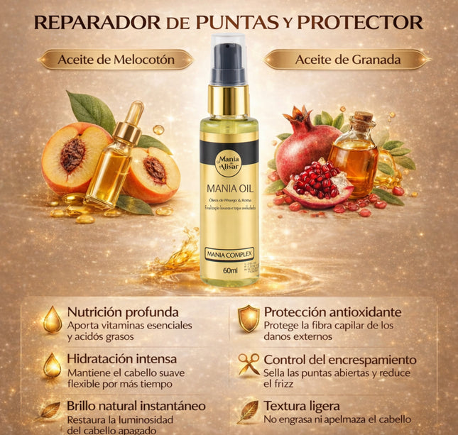 MANIA Oil, Sérum  Perfumado con Aceites de Melocotón y Granada  Nutre, Hidrata y Sella Puntas