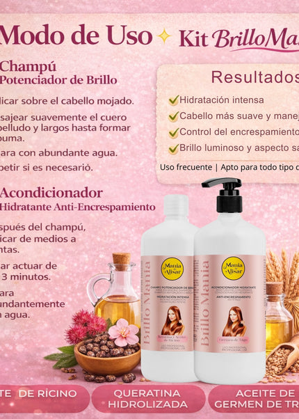 Kit Champú Hidratación Intensa 1000ml + Acondicionador con Aceite de ricino keratina germen de trigo 1000ml.