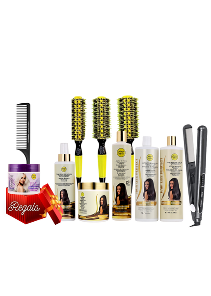 Kit de Alisado 1000ml + Plancha + Pre-Tratamiento + Cepillos + Regalo: Btx Blond + Peine de Carbon